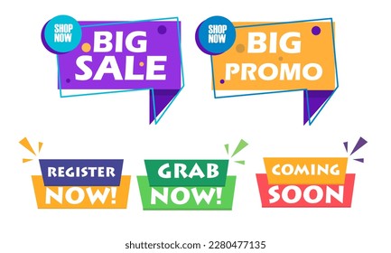 Set of vector badges and stickers big sale, big promo, register now, grab now, coming soon vector graphic