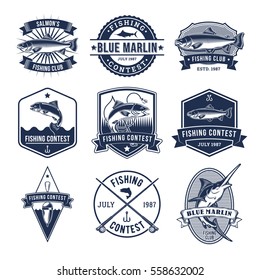 Set of vector badges, stickers on catching fish.