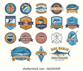 Set of vector badges, stickers on catching fish.