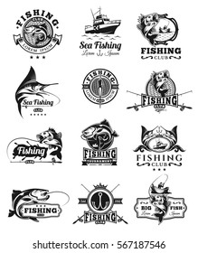 Set of vector badges, stickers on catching fish.