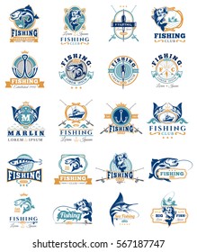 Set of vector badges, stickers on catching fish.