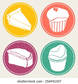 Set Of Vector Badges With Sweets. Cartoon Dessert Design. For Kitchen And Cafe Stuff