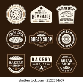 Set of vector bakery and bread logo, badges and icons isolated on a dark background
