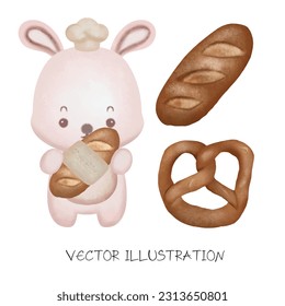 set of vector bakery coffee illustration with watercolor on white background