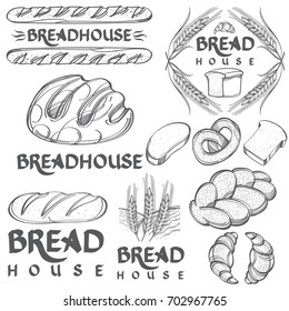 Set of vector bakery elements and handwritten vintage lettering. Monochrome illustration with bread, bagel, baguette, croissant, roll, cake, pretzel and wheat on white background