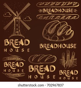 Set of vector bakery elements and handwritten vintage lettering. Monochrome illustration with mill, bread, loaf and rye or wheat on dark background