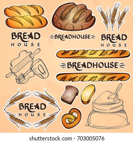 Set of vector bakery elements and handwritten vintage lettering. Colored illustration with bread, bagel, baguette, croissant, cake, pretzel and rye or wheat on beige background with place for text