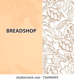 Set of vector bakery elements. Monochrome illustration with bread, bagel, baguette, croissant, roll, cake, pretzel on white and beige background with place for text