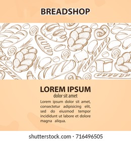 Set of vector bakery elements. Monochrome illustration with bread, bagel, baguette, croissant, roll, cake, pretzel on white and beige background with place for text