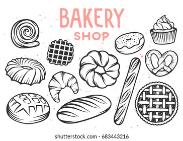 Set of vector bakery engraved elements. Typography design with bread, pastry, pie, buns, sweets, cupcake. Collection of modern linear graphic on white background. Bakery shop. Top view.