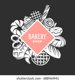 Set of vector bakery engraved elements. Typography design with bread, pastry, pie, buns, sweets, cupcake. Collection of modern linear graphic design template. Bakery shop. Top view composition.