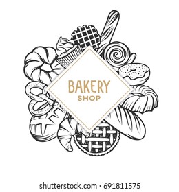 Set of vector bakery engraved elements. Typography design with bread, pastry, pie, buns, sweets, cupcake. Collection of modern linear graphic design template. Bakery shop. Top view composition.