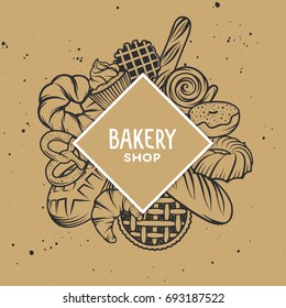 Set of vector bakery engraved elements. Typography design with bread, pastry, pie, buns, sweets, cupcake. Collection of modern linear graphic design template. Bakery shop. Top view composition.