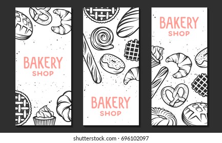 Set of vector bakery engraved elements. Typography design with bread, pastry, pie, buns, sweets, cupcake. Collection of modern linear graphic design vertical banner template. Bakery shop. 
