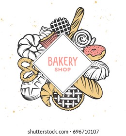 Set of vector bakery engraved elements. Typography design with bread, pastry, pie, buns, sweets, cupcake. Top view composition.