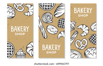 Set of vector bakery engraved elements. Typography design with bread, pastry, pie, buns, sweets, cupcake. Collection of modern linear graphic design vertical banner template. Bakery shop.