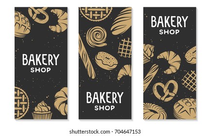 Set of vector bakery engraved elements. Typography design with bread, pastry, pie, buns, sweets, cupcake. Collection of modern linear graphic design vertical banner template. Bakery shop.