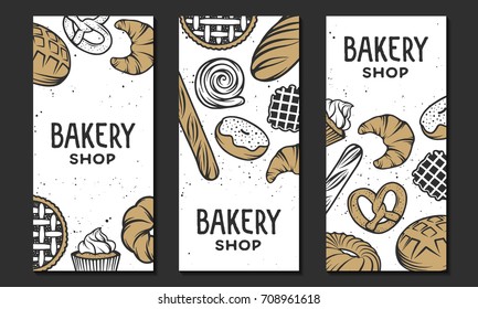 Set of vector bakery engraved elements. Typography design with bread, pastry, pie, buns, sweets, cupcake. Collection of modern linear graphic design vertical banner template. Bakery shop.