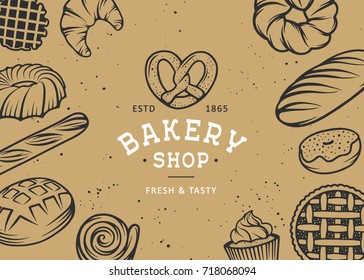 Set of vector bakery engraved elements. Typography design with bread, pastry, pie, buns, sweets, cupcake. Collection of modern linear graphic on vintage background. Bakery shop logotype. Top view.