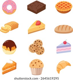 Conjunto de ícones de padaria vetorial. Rosca de estilo plano, brownie, torta, pão, cheesecake, muffin, croissant, cookie, fatia de bolo, puff de creme