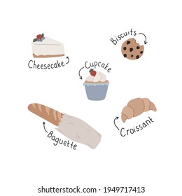 Establece la ilustración de la panadería vectorial. Postres