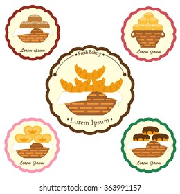 Set of vector bakery labels. Vector illustration of different bread and sweets. Bun and chocolate loaf, croissant and cake. Pastry label