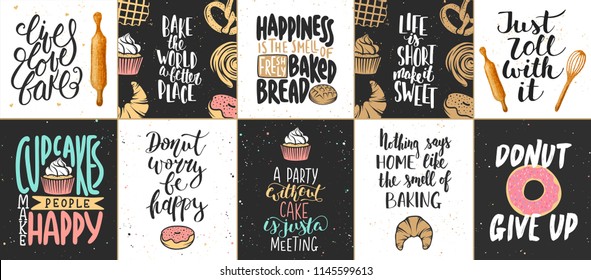 Set of vector bakery lettering posters, greeting cards, decoration, prints. Hand drawn typography design elements. Handwritten lettering. Modern ink brush calligraphy.