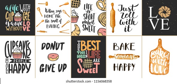 Set of vector bakery lettering posters, greeting cards, decoration, prints. Hand drawn typography design elements. Handwritten lettering. Modern ink brush calligraphy.