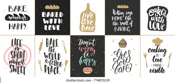 Set of vector bakery lettering posters, greeting cards, decoration, prints. Hand drawn typography design elements. Handwritten lettering. Modern ink brush calligraphy.