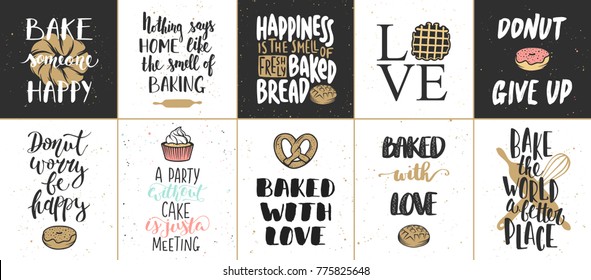 Set of vector bakery lettering posters, greeting cards, decoration, prints. Hand drawn typography design elements. Handwritten lettering. Modern ink brush calligraphy.