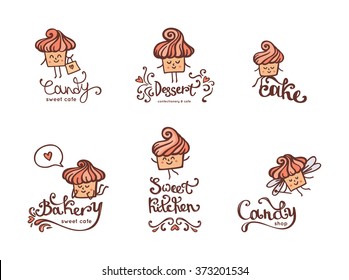 Set of vector bakery logos. Bread and pastries labels, badges and design elements. Cute cartoon cake