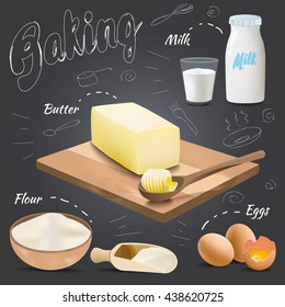 Set of vector baking ingredients design with butter, flour, eggs, milk. Kitchen utensils for cooking