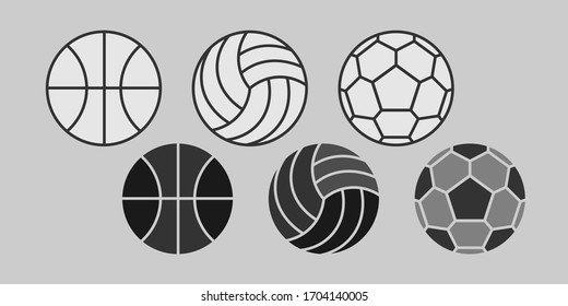 
Set of vector ball icons in dark color. football, basketball and valeyball. flat style. Gray background