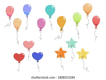 Set of vector balloons in Doodle style, colorful balloons for invitations, postcards, wedding, posters, holidays. Single elements on a white background