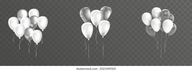 Set of vector balloons isolated on png background. Realistic festive 3d helium balloons template for anniversary, Birthday party design. Vector illustration on transparent background.