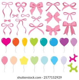 Set of vector balloons various shapes, star, hearts, circle, dog and bows. Bunch of helium balloons for birthday, party anniversary, wedding. Balloon in cartoon style. Bunch of balloons for birthday