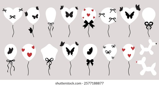 Set of vector balloons various shapes, star, heart and bows, butterflies. Bunch of helium balloons for birthday, party anniversary, wedding. Balloon in cartoon style. Bunch of balloons for birthday