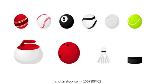 Set of vector balls of tennis, cricket, golf, 
billiards hokey, curling, bowling, badminton. Black and white sport balls lined and filled