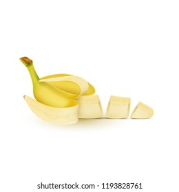 Set, vector banana in various forms. Whole, sliced, half of banana isolated on White background.