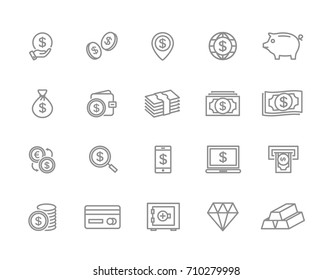 Set of vector bank and money line icons. Coin, cash, card, credit, atm, diamont, wallet, gold, deposit, purse, piggy, diamond, dollar, bag and more. Editable Stroke.