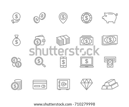 Set of vector bank and money line icons. Coin, cash, card, credit, atm, diamont, wallet, gold, deposit, purse, piggy, diamond, dollar, bag and more. Editable Stroke.