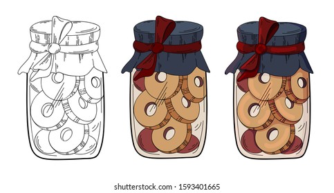 Set of vector banks with cookies. Isolated drawing on a white background. The image can be used for websites, web design, postcards, ladders, wallpapers, prints, print on fabric, shop windows, cafes.