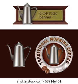 Set of vector banner, badge, sticker with icon coffee pot