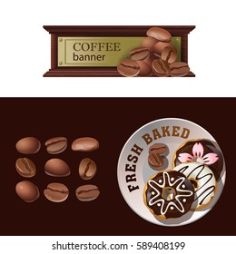 Set of vector banner, badge, sticker with icon coffee beans and saucer with donuts