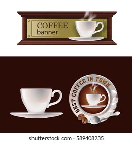 Set of vector banner, badge, sticker with icon coffee cup