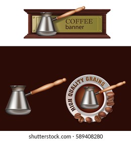Set of vector banner, badge, sticker with icon coffee Turk