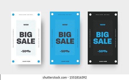 Set of vector banner for big sale, special offers, white, blue and black template with circle and text. Design for publishing in mobile applications. social media