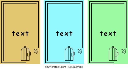 Set of vector banner for design hand drawing with bird, cage. Flat color frames with outline in modern style. Template modern frame illustration, background for use in print or web, color