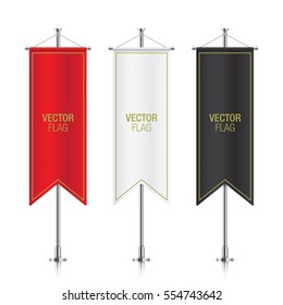 Set of vector banner flag templates hanging on a silver metallic poles. Red, white and black gothic vertical flag mockups, isolated on a white background.