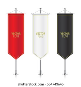 Set Of Vector Banner Flag Templates Hanging On A Silver Metallic Poles. Red, White And Black Gothic Vertical Flag Mockups, Isolated On A White Background.